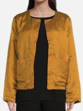 Eileen Fisher Mustard Silk Round-Neck Bomber Jacket 2XL